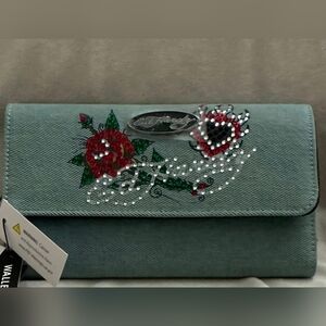 Ed Hardy Green Denim Rhinestone Embellished Clutch Wallet